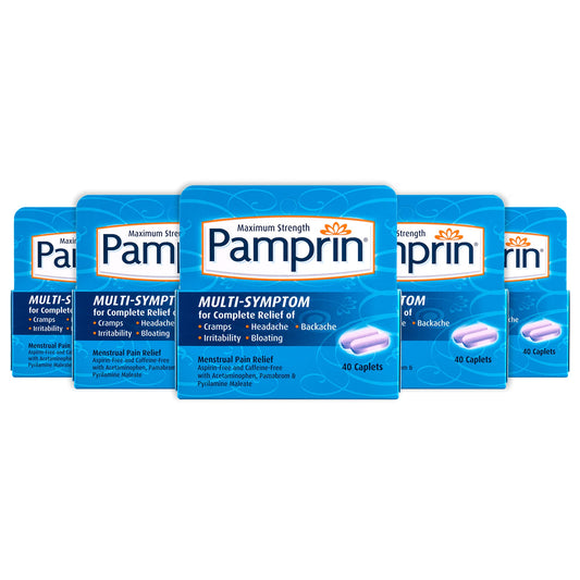 Pamprin multi-symptom bottle pour for easy period relief.