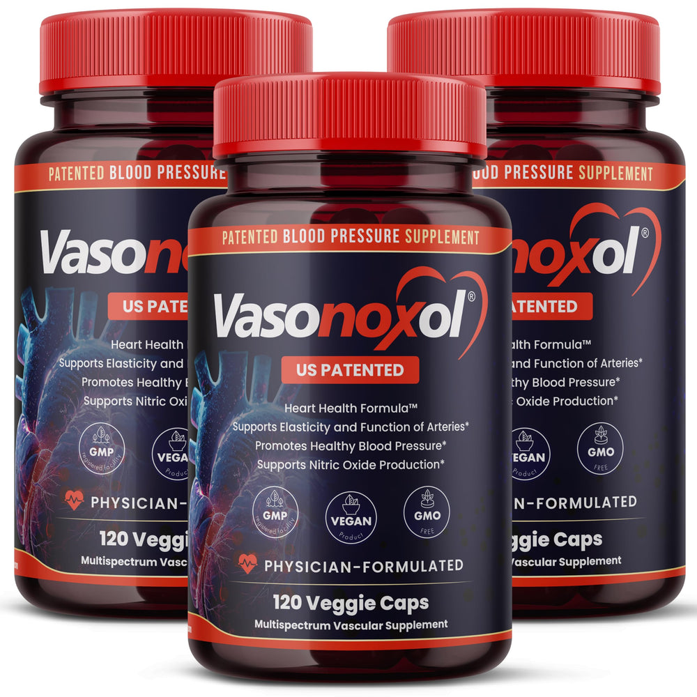 Panoxol Vasonoxol bottle front highlighting nitric oxide support for healthy blood flow.