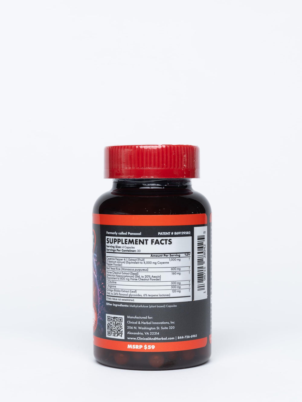 Panoxol Vasonoxol ingredients label highlighting L-Arginine and L-Citrulline.