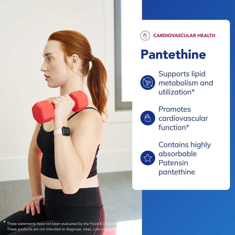 Pantethine label close-up reinforces purity and allergen-free credentials.