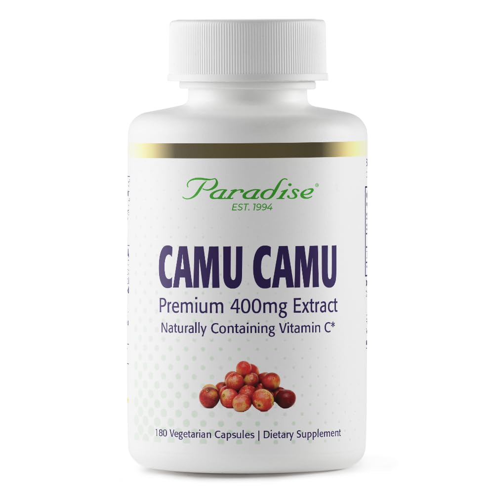 Paradise Herbs Camu Camu Extract bottle close-up showing vitamin C potency.