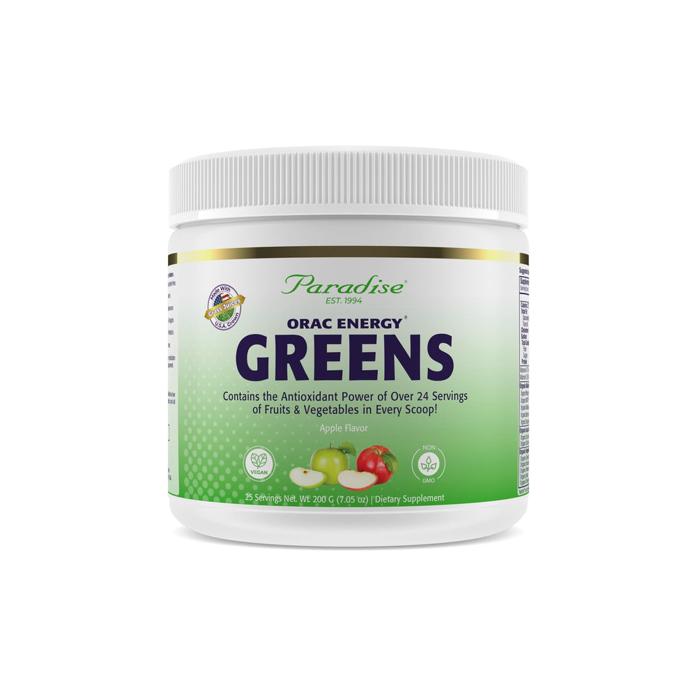Paradise Herbs ORAC Energy Greens bottle close-up with apple flavor and antioxidant-rich formula.
