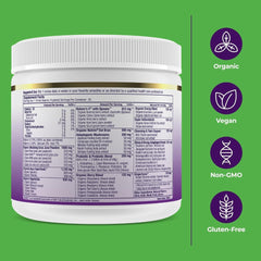 Paradise Herbs ORAC Energy Greens scoop beside smoothie for daily nutrition