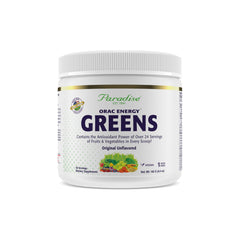 Paradise Herbs ORAC Energy Greens bottle highlighting antioxidant blend for daily wellness