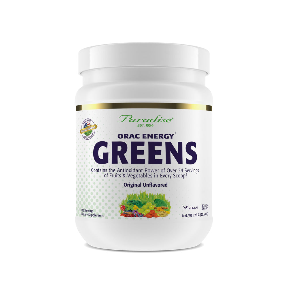 Paradise Herbs ORAC Energy Greens front pack showing a vibrant, antioxidant-rich daily greens routine