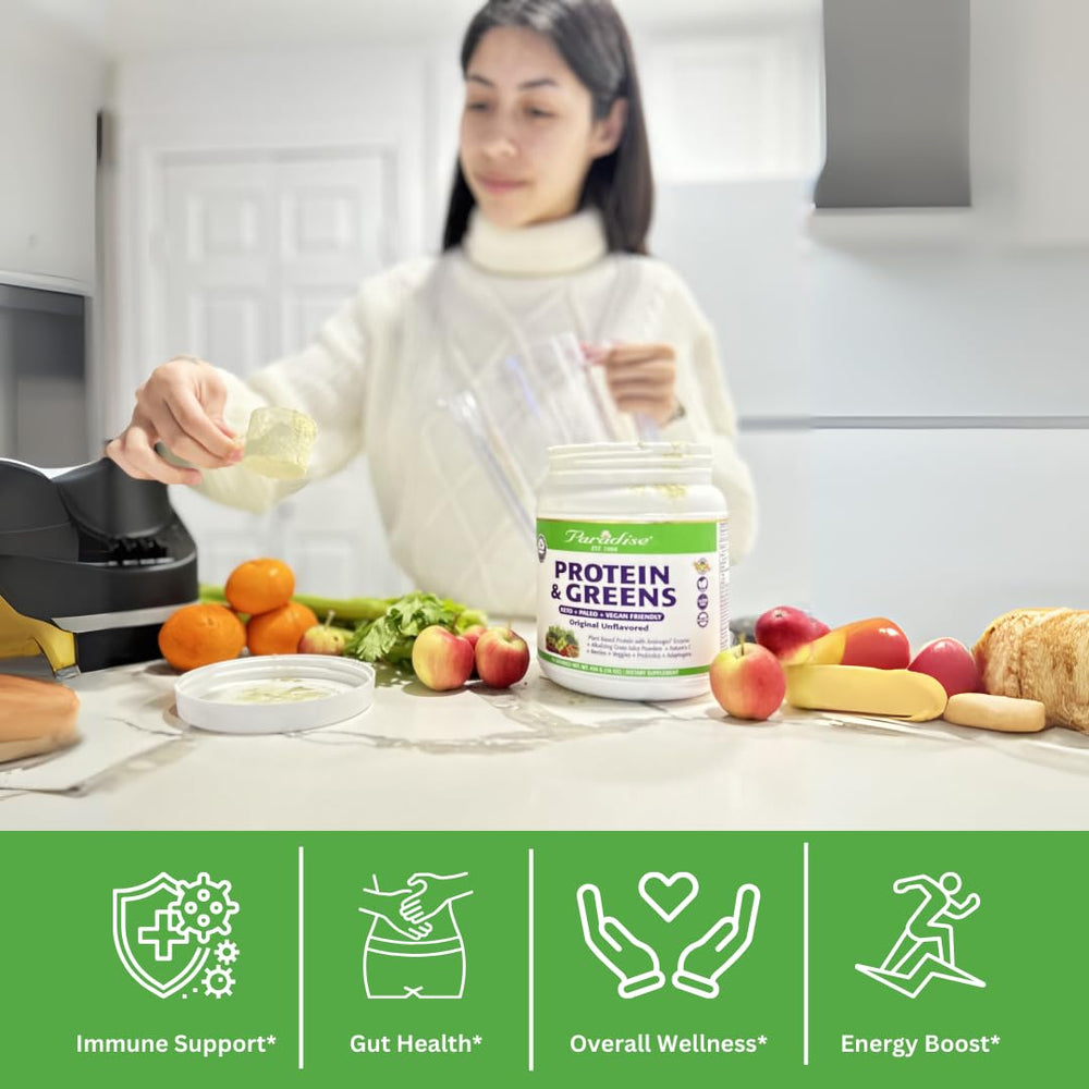 Paradise Herbs ORAC Energy Protein & Greens natural ingredients closeup.