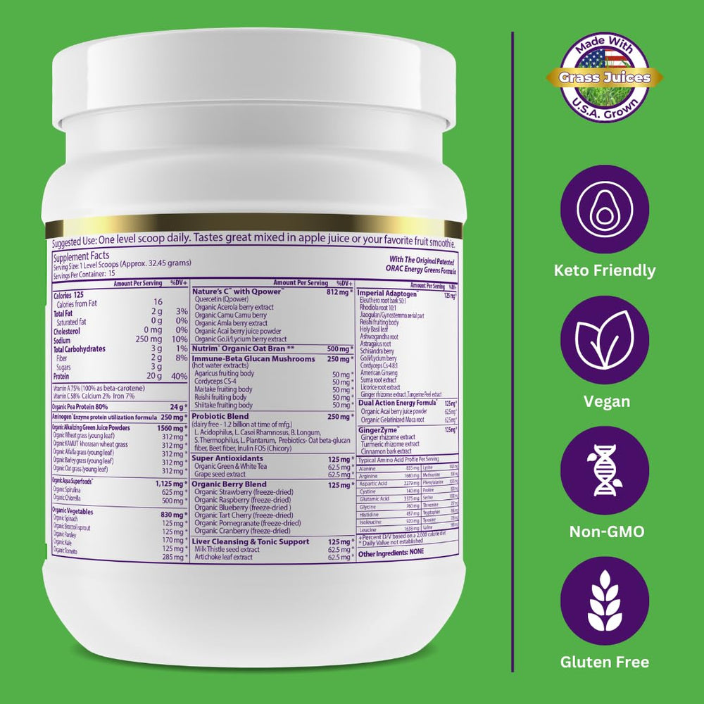 Paradise Herbs ORAC Energy Protein & Greens packaging highlights non-GMO gluten-free formula.