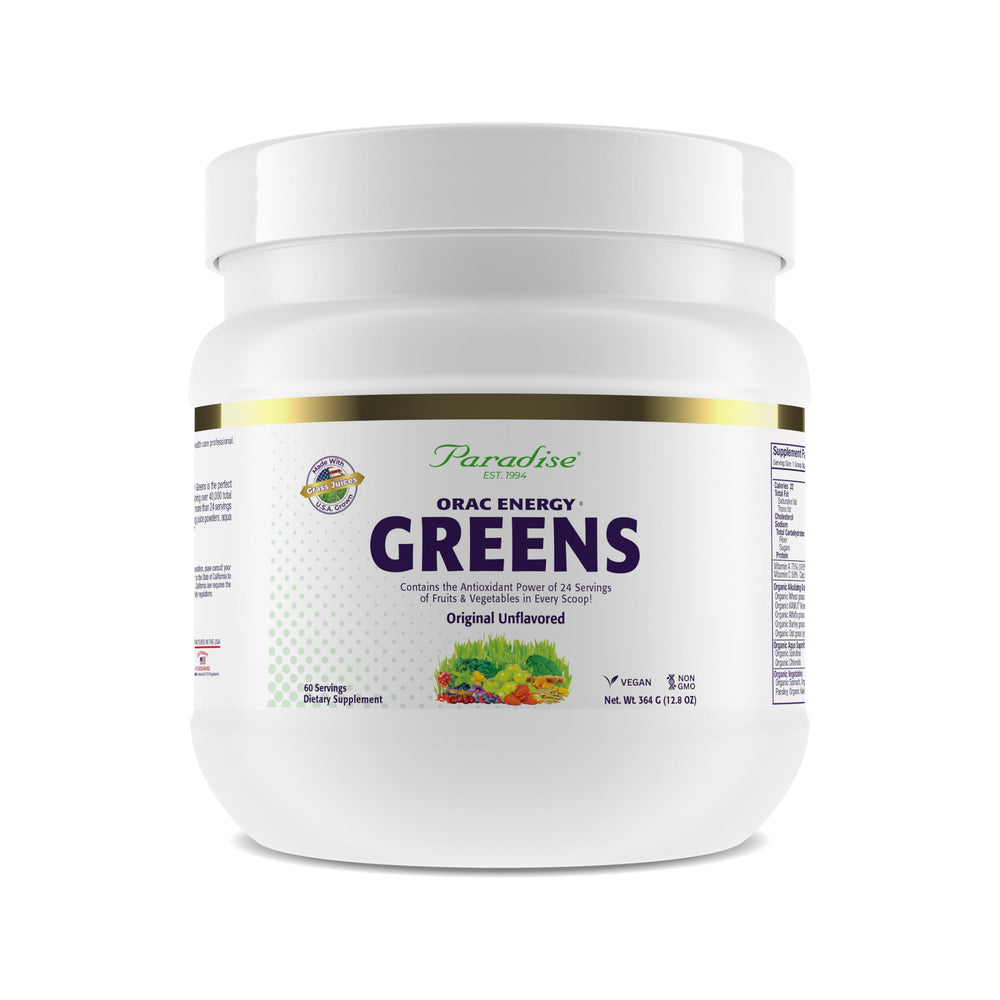 Paradise ORAC Energy Greens powder bottle closeup showing antioxidant-rich formula for daily vitality.