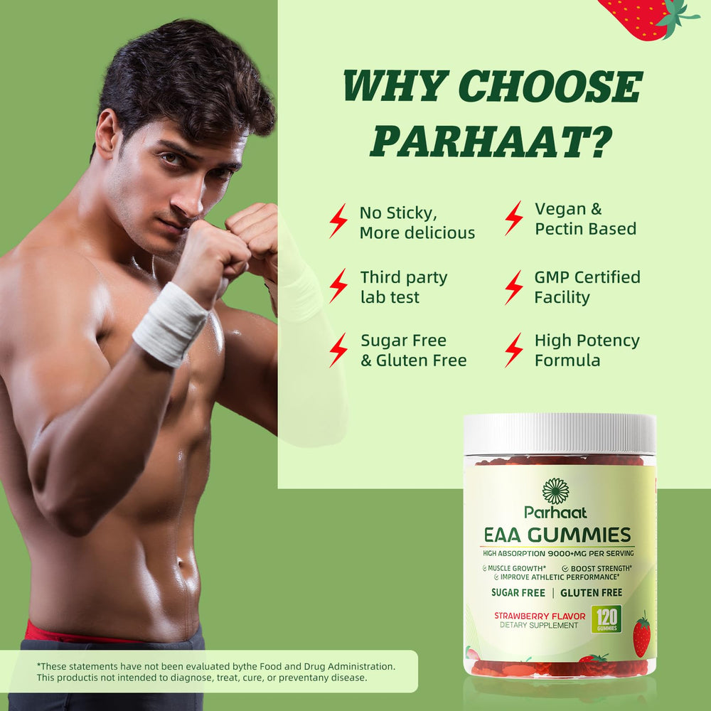 Parhaat EAA Gummies daily-use bottle shown for on-the-go supplementation.