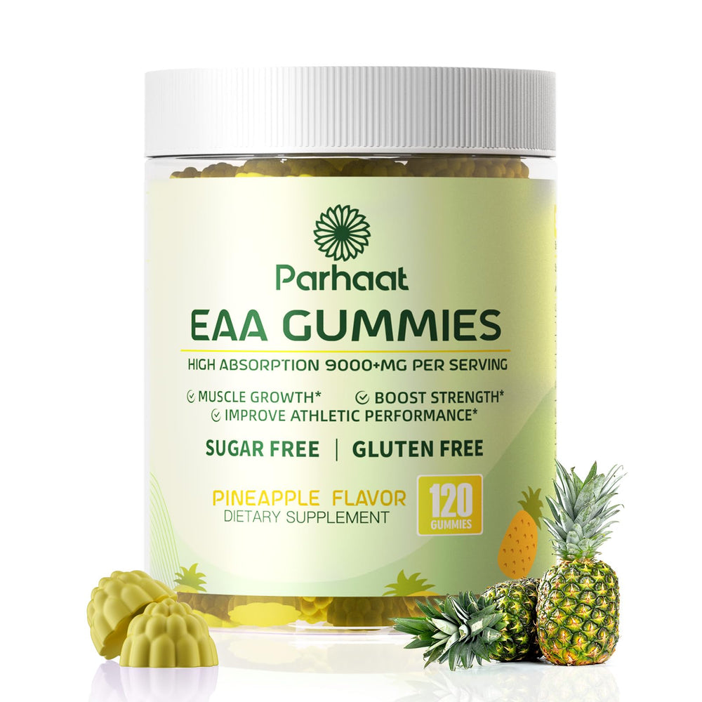 Parhaat EAA Gummies Pineapple bottle for easy daily amino acid support.