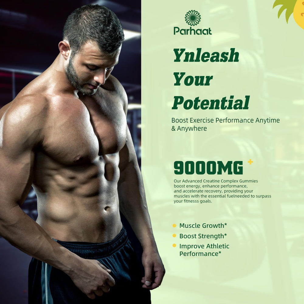 Parhaat EAA Gummies packaging shot highlights non-GMO and gluten-free benefits.