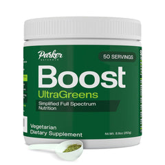 Parker Naturals Boost UltraGreens bottle front highlights the organic greens blend for daily vitality