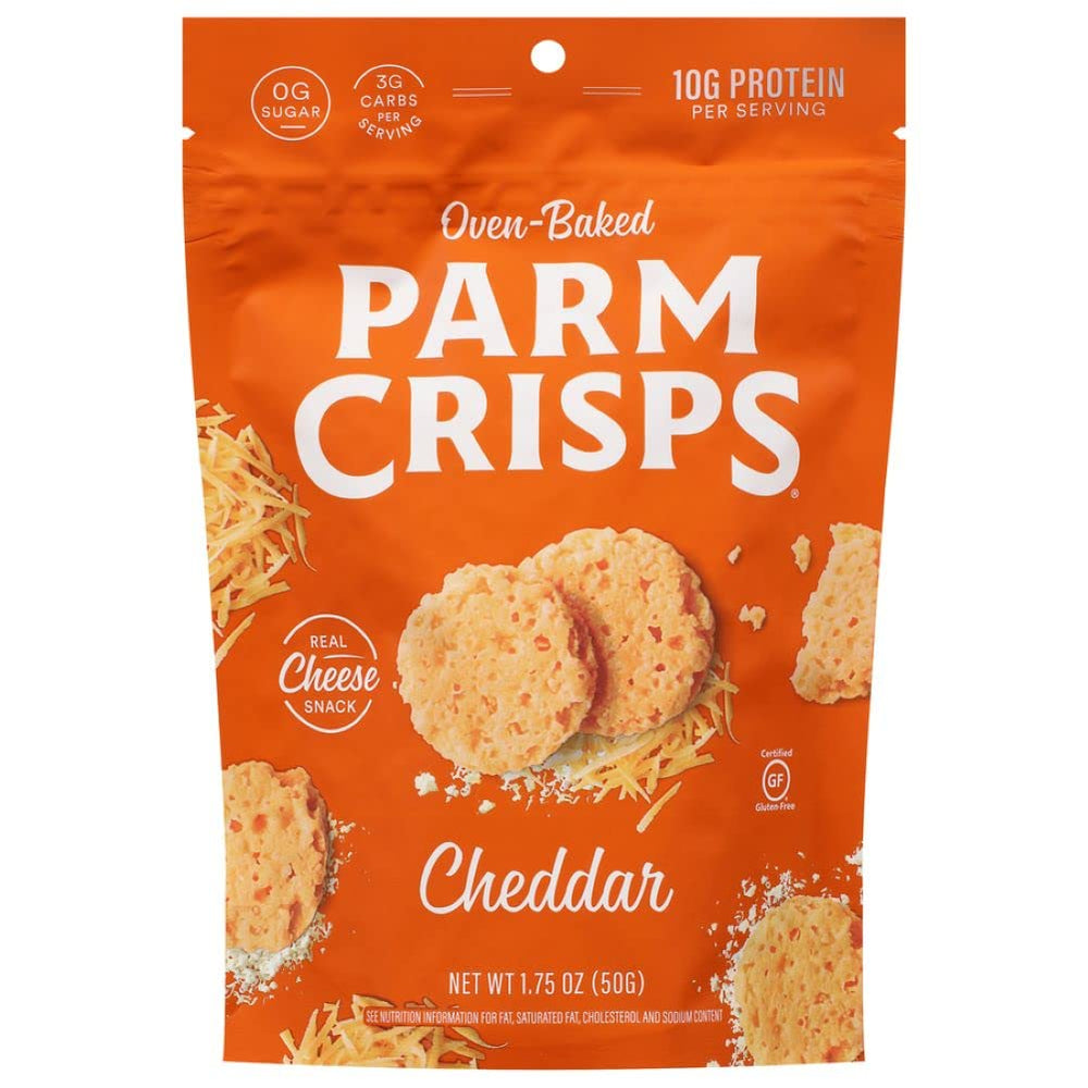 ParmCrisps Cheddar cheese crisps pack 12 on table, keto-friendly high-protein snack.