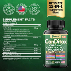 Parrox CanDitox ingredients label highlights oregano, garlic, and probiotics for gut support.
