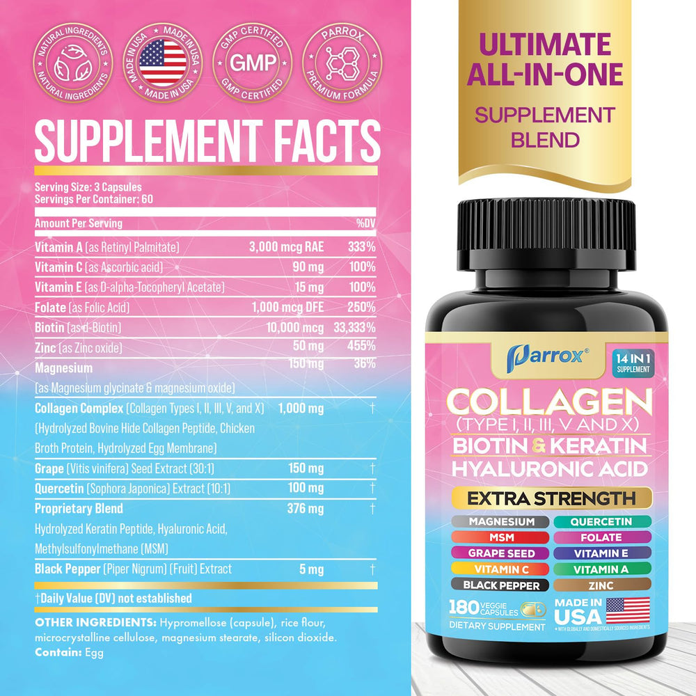 Parrox collagen types i-ii-iii-v-x capsules support skin, hair, and nails radiance.