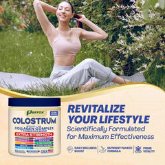 Parrox Colostrum Powder 40% IgG label detail on the container.