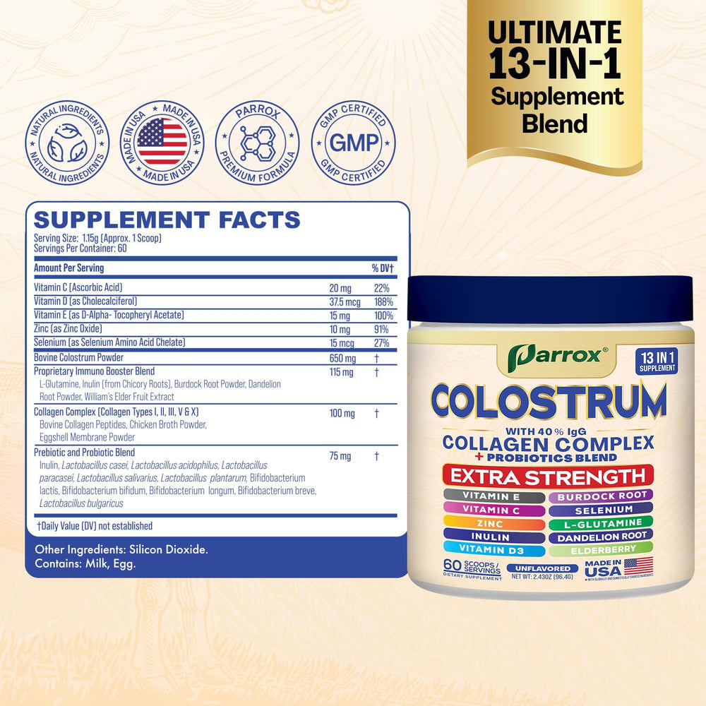 Parrox Colostrum Powder ingredients list close-up highlighting the 13-in-1 blend.