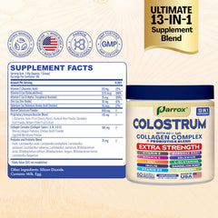 Parrox Colostrum Powder ingredients list close-up highlighting the 13-in-1 blend.