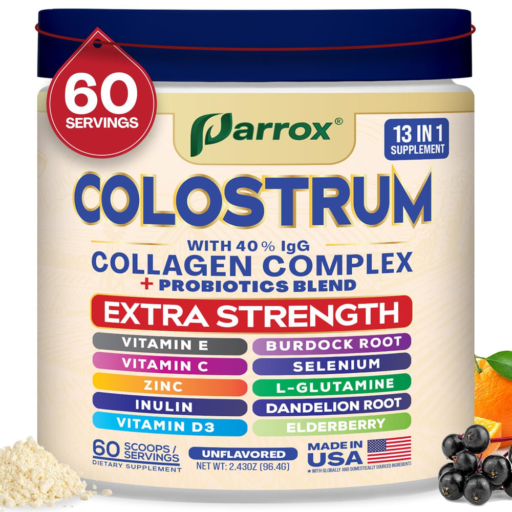 Parrox Colostrum Powder tub front for daily supplementation and convenience.
