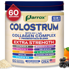 Parrox Colostrum Powder tub front for daily supplementation and convenience.