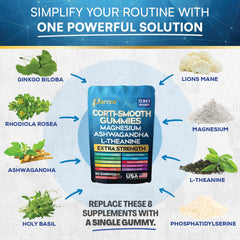 Flatlay of Parrox Corti-Smooth ingredients including adaptogens and magnesium