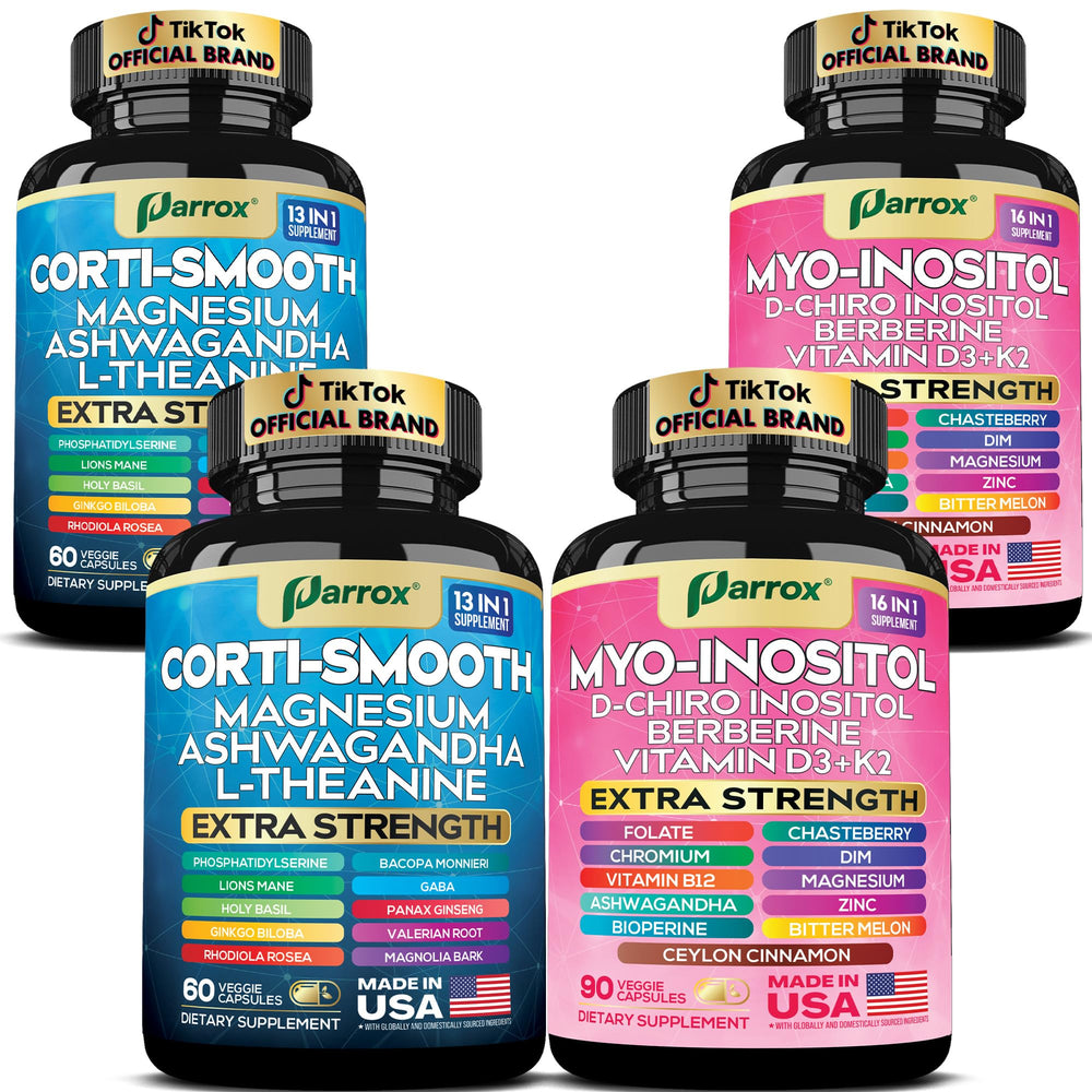 Parrox Cortisol & Myo-Inositol bundle bottle showing calm support and balance benefits