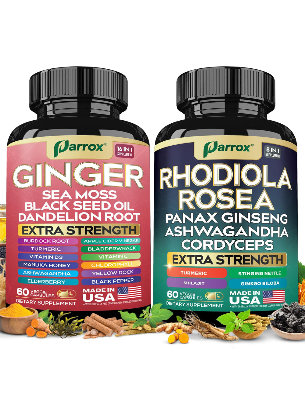 Parrox Dynamic Duo Ginger bottle shows the ginger-based formula for daily wellness