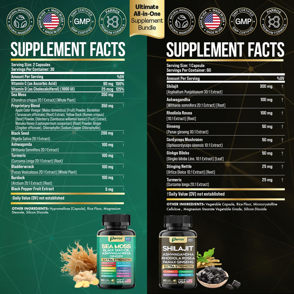 Parrox Sea Moss bottle showcases mineral-rich formula for vitality daily