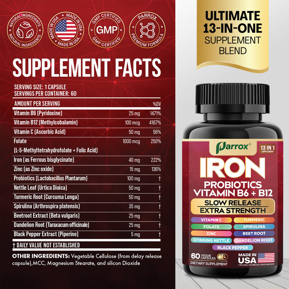 Capsules close-up showing slow-release iron and probiotic blend for balanced daily nourishment.