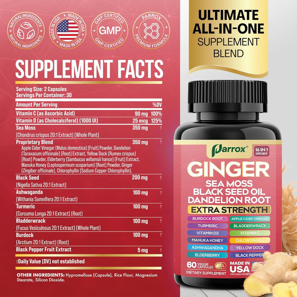 Parrox Ginger 16-in-1 capsules closeup—comprehensive blend in a single regimen.