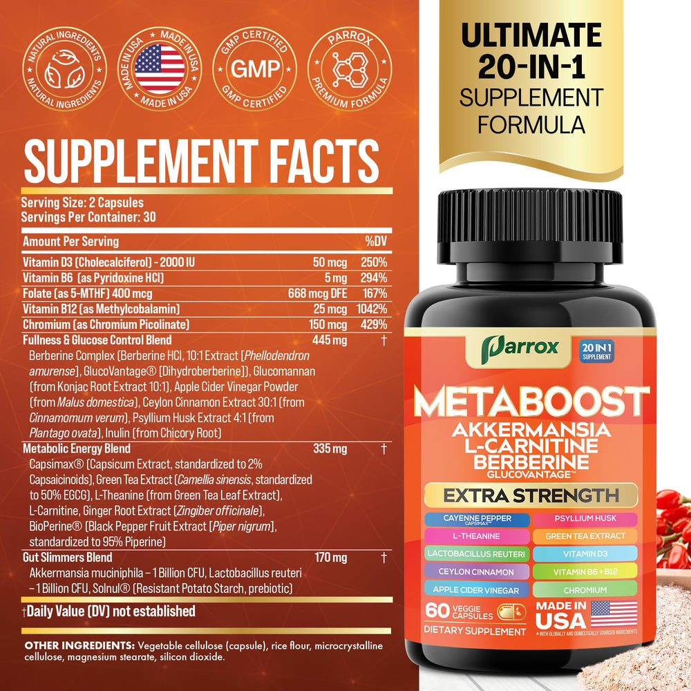 Parrox GLP-1 Booster capsules are shown in pack for daily plant-based use.