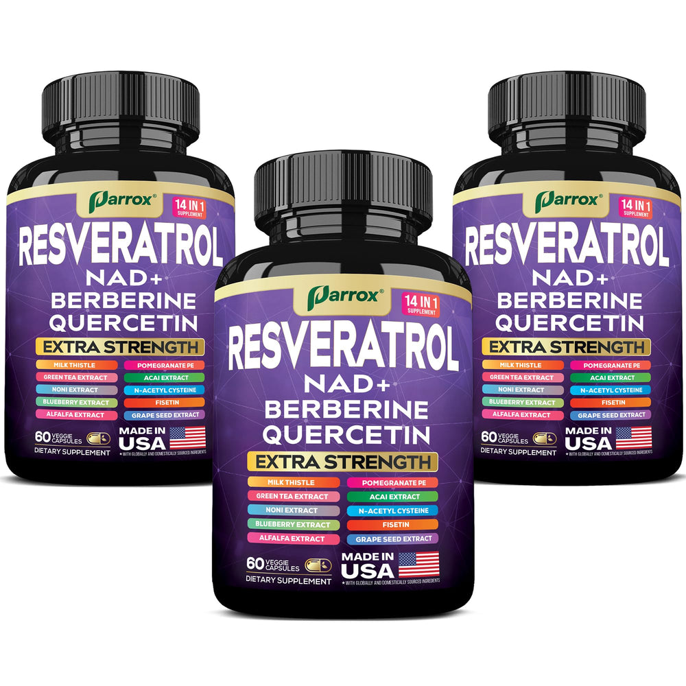 Parrox Resveratrol bottle on display highlighting the 14-in-1 formula for daily wellness.
