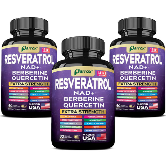 Parrox Resveratrol bottle on display highlighting the 14-in-1 formula for daily wellness.