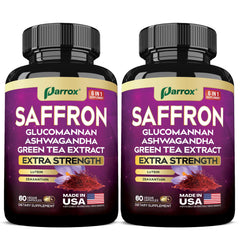 Parrox saffron supplement bottle highlights a 6-in-1 formula for daily wellbeing.