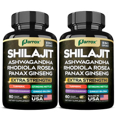 Parrox Shilajit 8-in-1 bottle front showing convenient daily capsules for balanced wellness