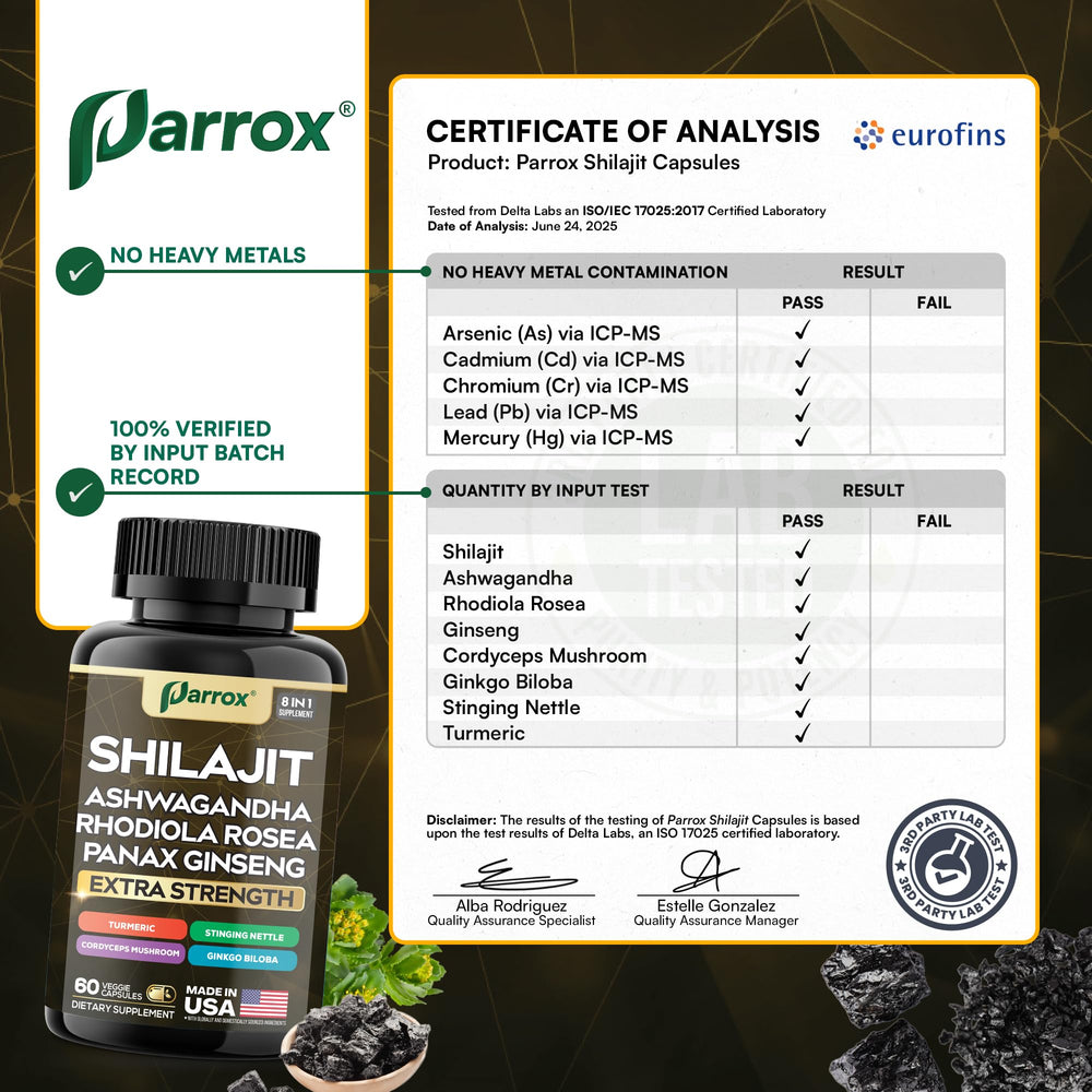 Parrox Shilajit 8-in-1 bottle with label emphasizing premium blend