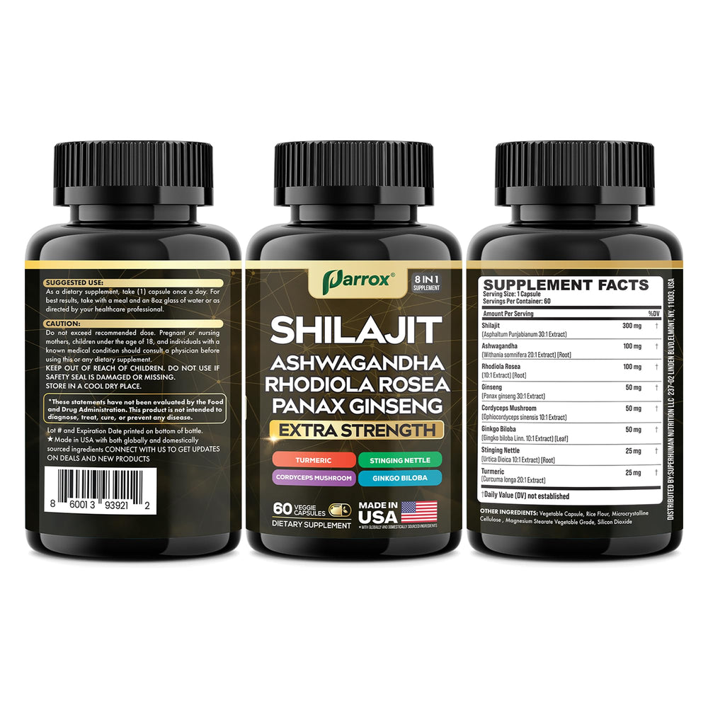 Parrox Shilajit 8-in-1 capsules on wood surface for simple daily habit