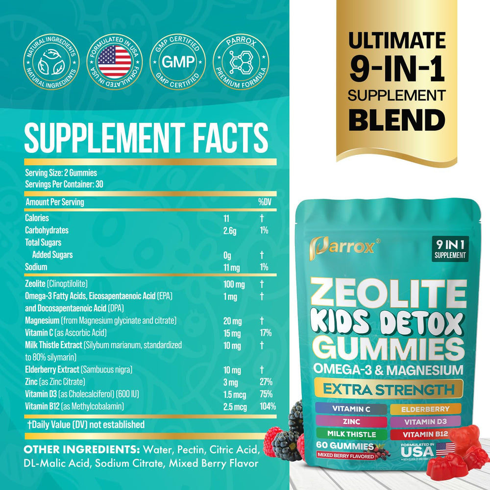 Parrox Zeolite Kids Detox Gummies close-up shows berry texture and sugar-free formula.