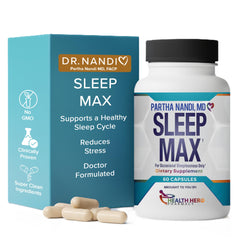Partha Nandi, MD Sleep Max bottle close-up shows a non-habit forming sleep aid