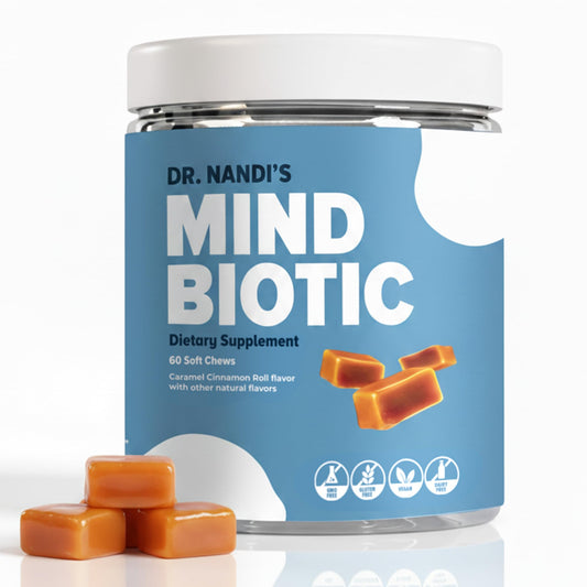 Partha Nandi MindBiotic bottle front with caramel cinnamon chews for brain-gut balance