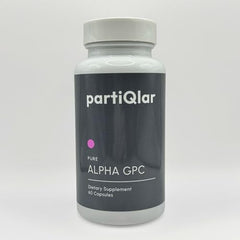 PartiQlar Alpha GPC capsules close-up highlighting 300 mg dosage.