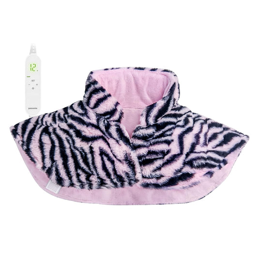 Pasonio weighted heating pad on neck and shoulders delivering targeted warmth.