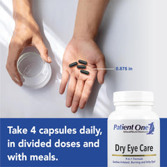 Patient One Dry Eye Care label back showing ingredients and quality standards.