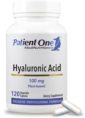 Patient One Hyaluronic Acid bottle close-up highlighting hydration support for skin