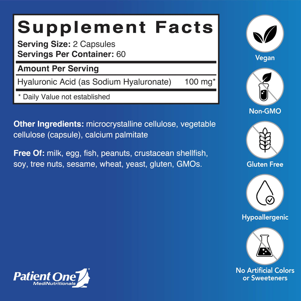 Patient One Hyaluronic Acid capsules pack suggests daily joint support