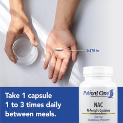 Patient One NAC 600mg capsules pack demonstrates convenient daily dosing.