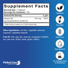 Patient One Vitamin D3 capsules highlight high absorbable cholecalciferol