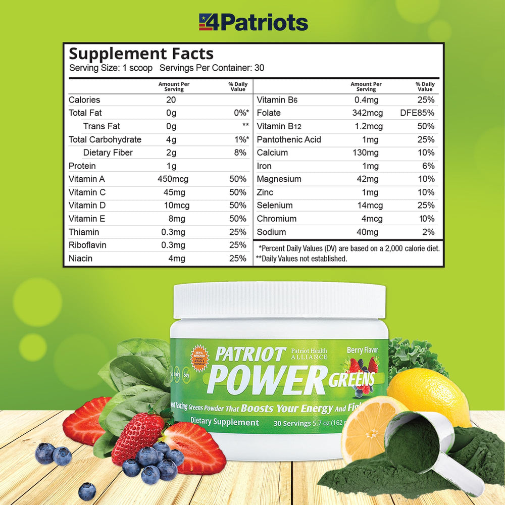 PATRIOT POWER GREENS probiotic and enzyme blend close-up for gut support.