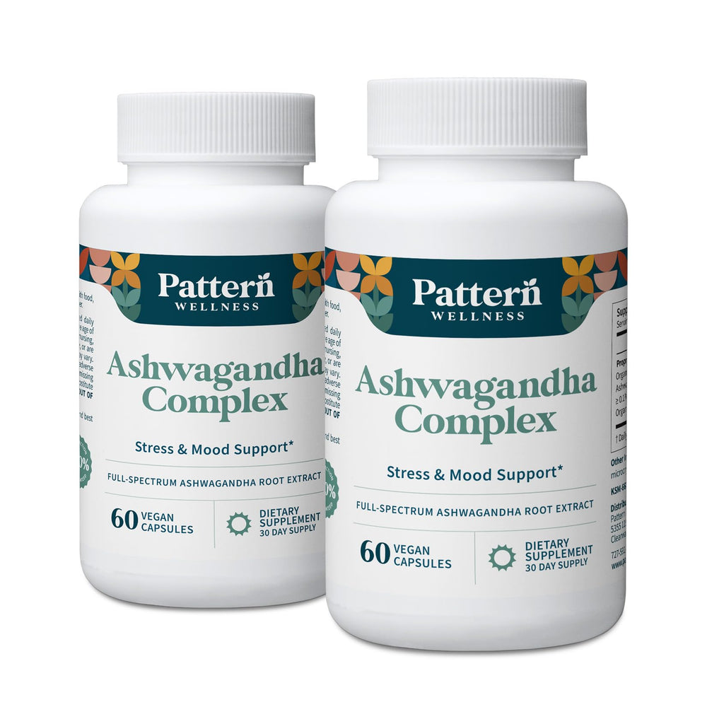 Pattern Wellness Ashwagandha Complex bottle front for steady energy and stress support.