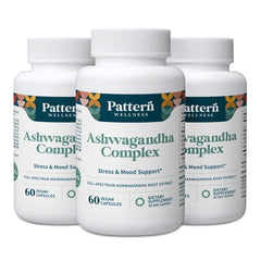 Pattern Wellness Ashwagandha Complex bottle front for stress support and balance.